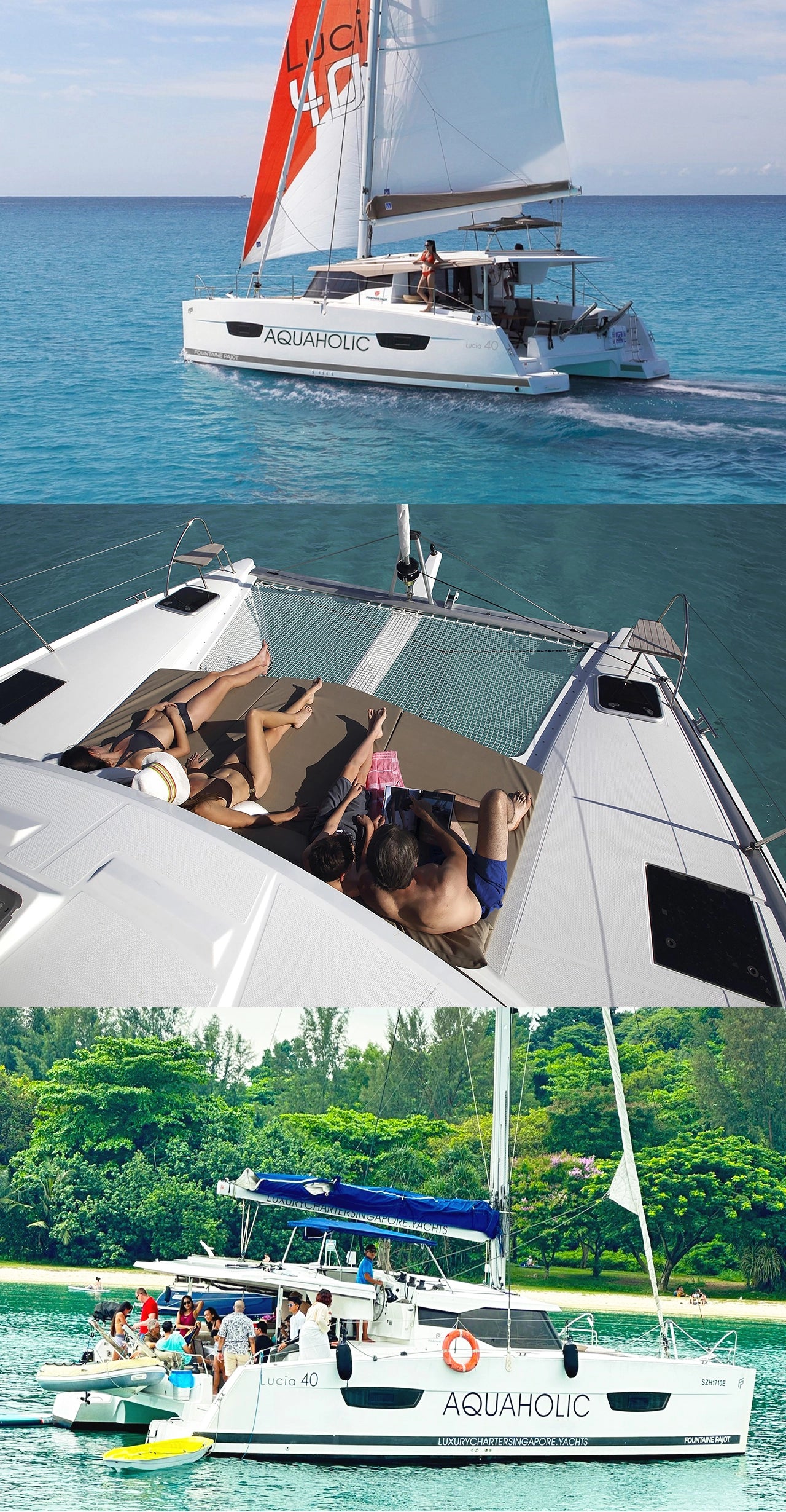 Images of AQUAHOLIC, sailing, on bow, and anchored at Lazarus Island