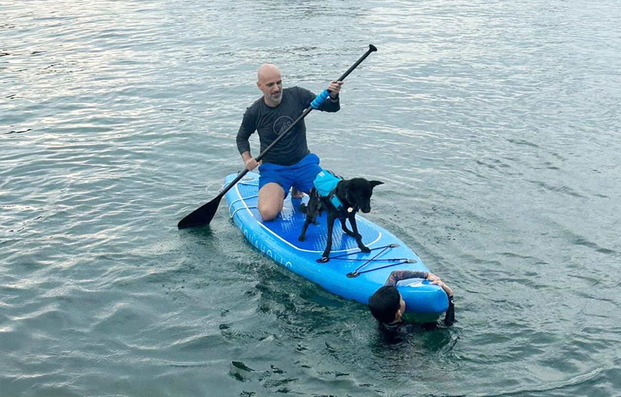 luxury charter guests and a dog on AQUAHOLIC's stand-up paddleboard